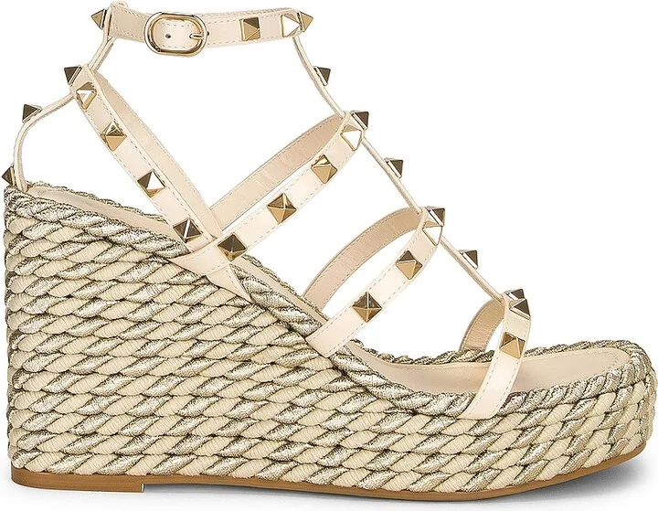 Valentino Garavani Rockstud Torchon Espadrille Wedges in Ivory