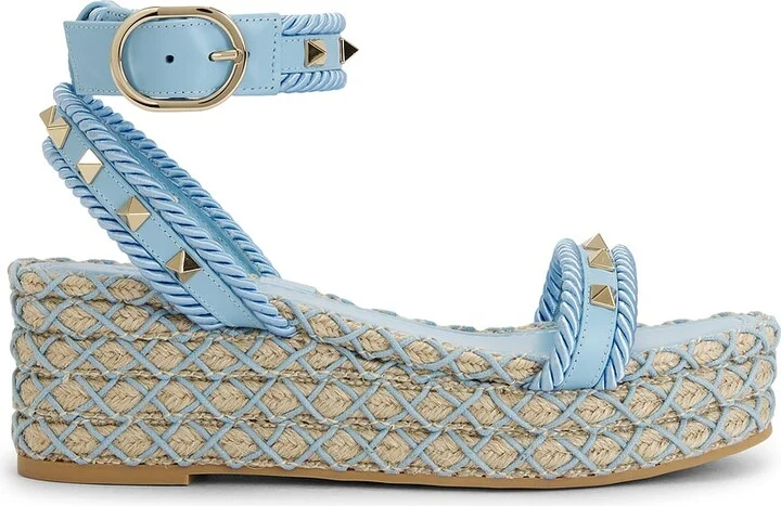 Valentino Garavani Rockstud Torchon Flatform Espadrilla Sandal in Baby Blue