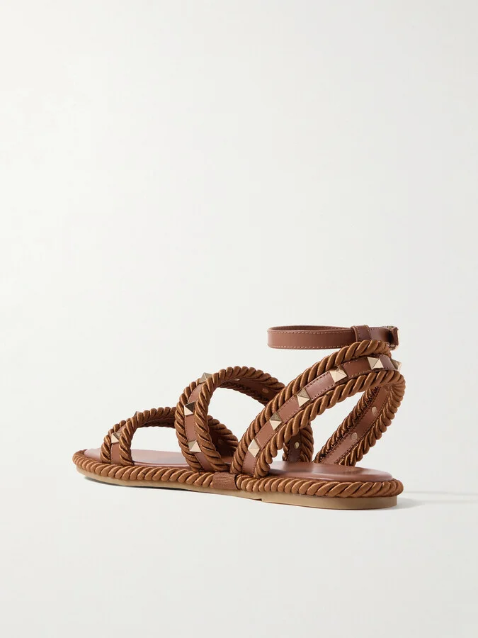 Valentino Garavani - Rockstud Torchon Rope-trimmed Leather Sandals - Brown - Image 3
