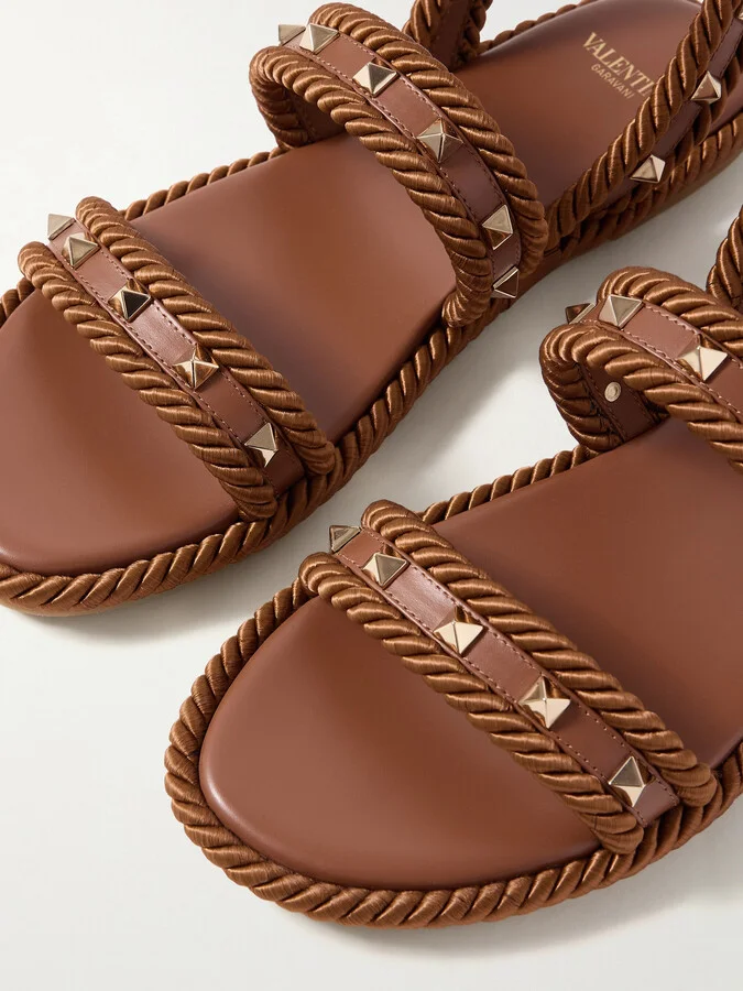 Valentino Garavani - Rockstud Torchon Rope-trimmed Leather Sandals - Brown - Image 4