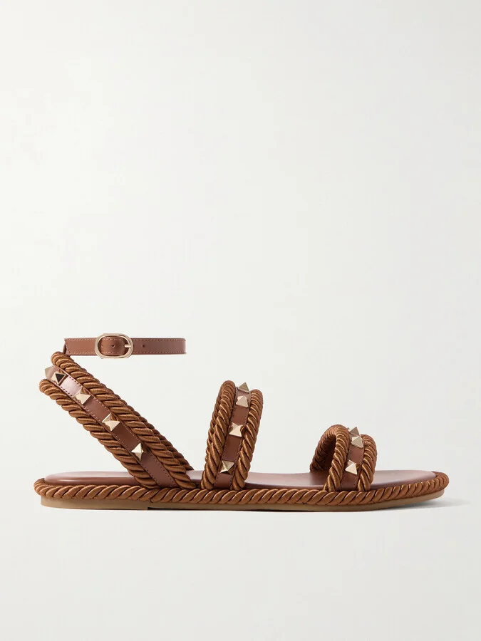 Valentino Garavani - Rockstud Torchon Rope-trimmed Leather Sandals - Brown