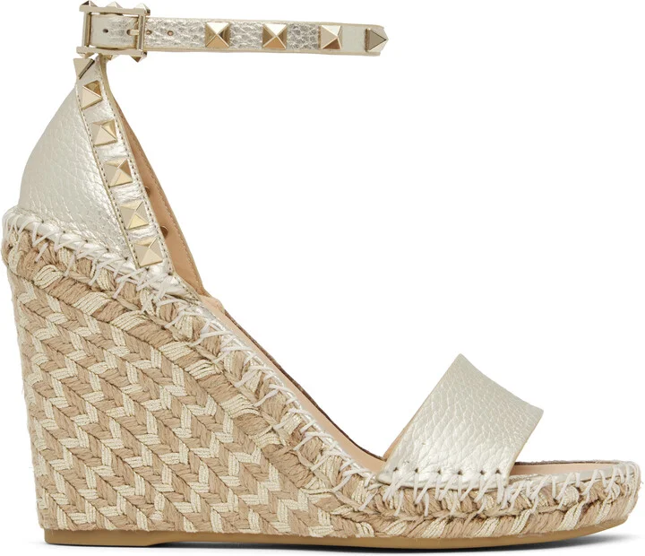 Valentino Garavani Silver Double Rockstud Grainy Calfskin Wedge Sandals