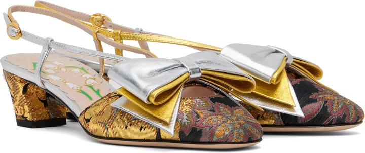 Valentino Garavani Silver & Gold Bowow Slingback Heels - Image 4