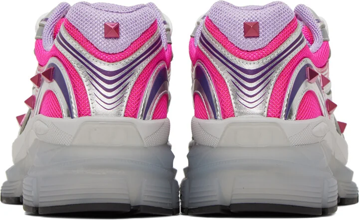 Valentino Garavani Silver & Pink Studded Sneakers - Image 2