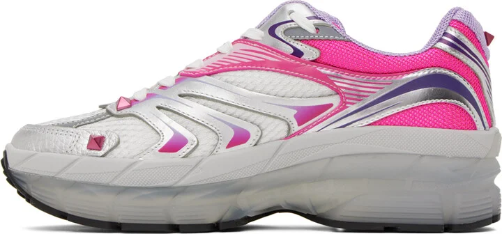Valentino Garavani Silver & Pink Studded Sneakers - Image 3