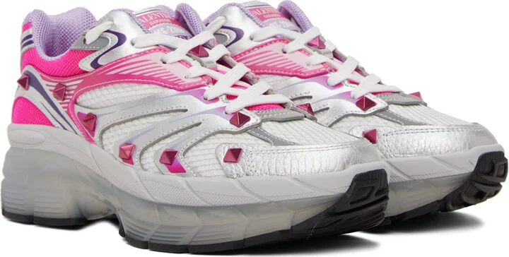 Valentino Garavani Silver & Pink Studded Sneakers - Image 4