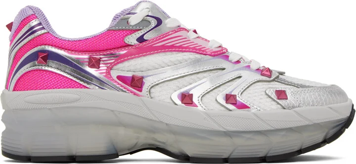 Valentino Garavani Silver & Pink Studded Sneakers