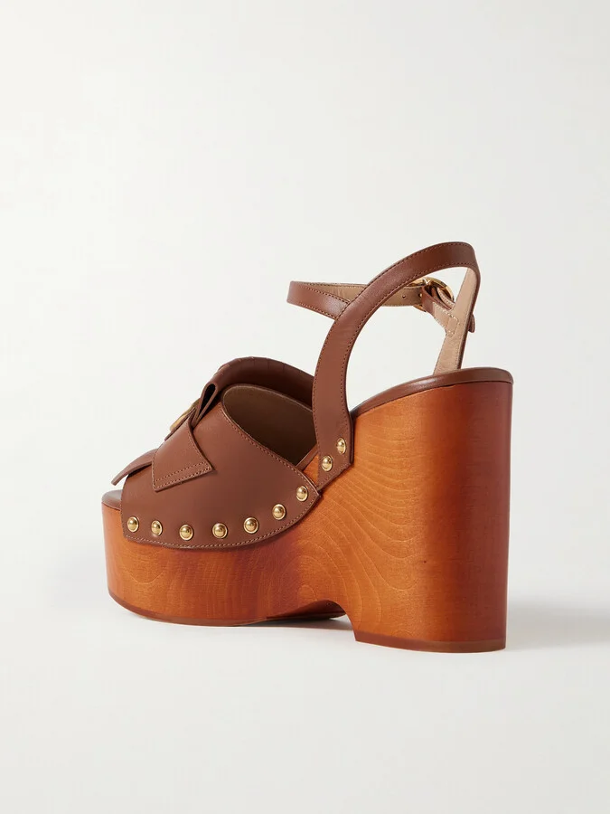 Valentino Garavani - Studded Leather Platform Sandals - Brown - Image 3