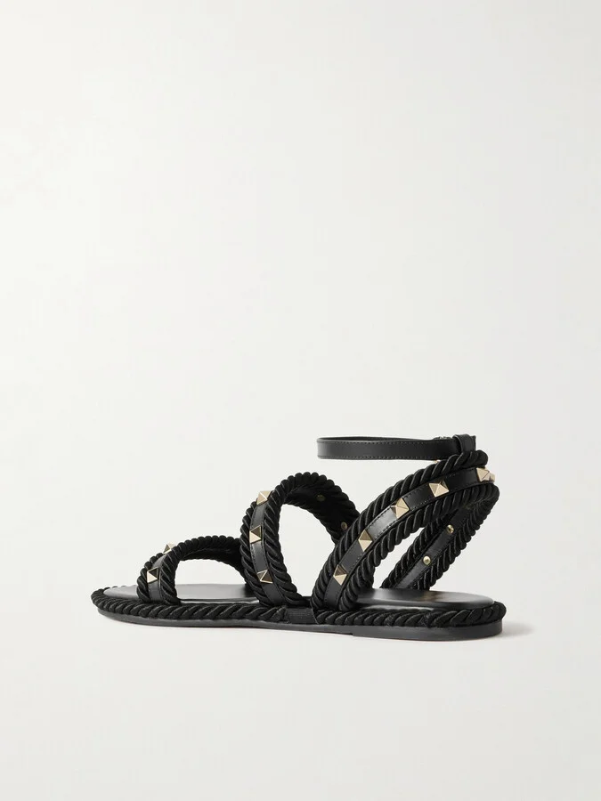 Valentino Garavani - Torchon Rope-trimmed Studded Leather Sandals - Black - Image 3