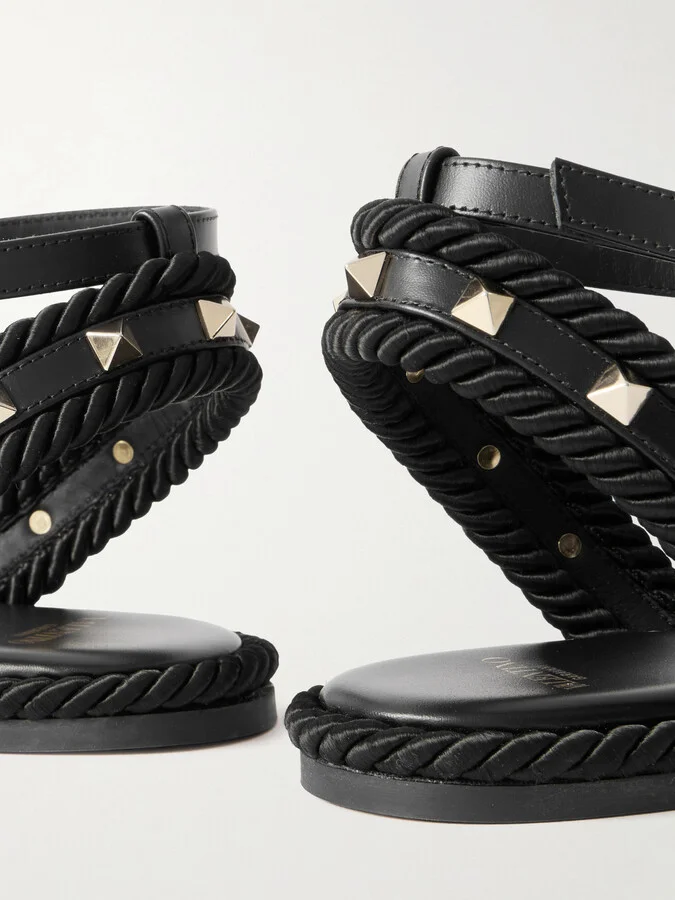 Valentino Garavani - Torchon Rope-trimmed Studded Leather Sandals - Black - Image 4