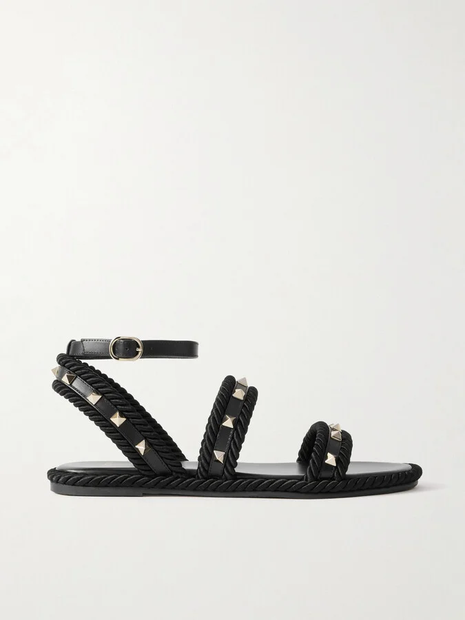 Valentino Garavani - Torchon Rope-trimmed Studded Leather Sandals - Black