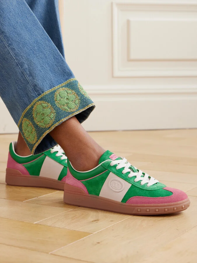 Valentino Garavani - Upvillage Embossed Leather-trimmed Paneled Suede Sneakers - Green - Image 2