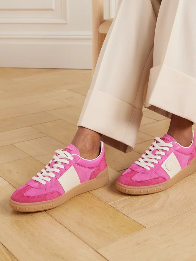 Valentino Garavani - Upvillage Embossed Leather-trimmed Paneled Suede Sneakers - Pink - Image 2