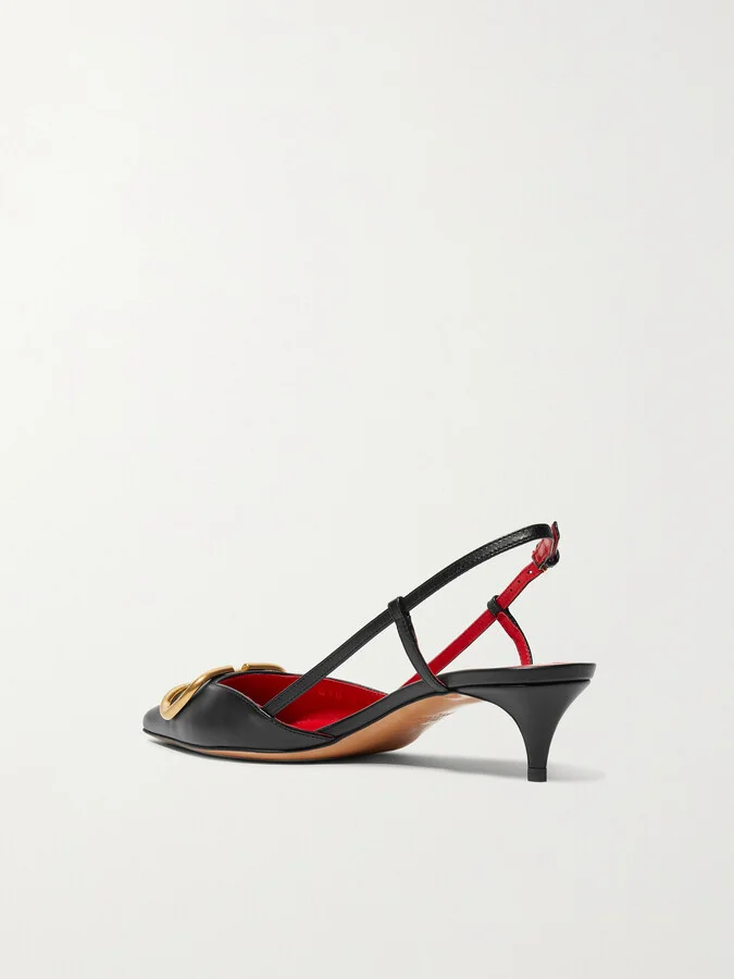 Valentino Garavani - Valentino Garavani Go Logo 40 Embellished Leather Slingback Pumps - Black - Image 3