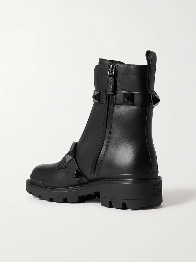 Valentino Garavani - Valentino Garavani Roman Stud Leather Ankle Boots - Black - Image 3