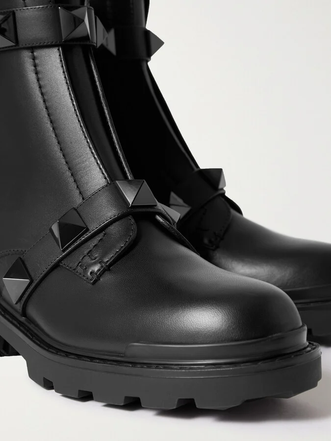 Valentino Garavani - Valentino Garavani Roman Stud Leather Ankle Boots - Black - Image 4