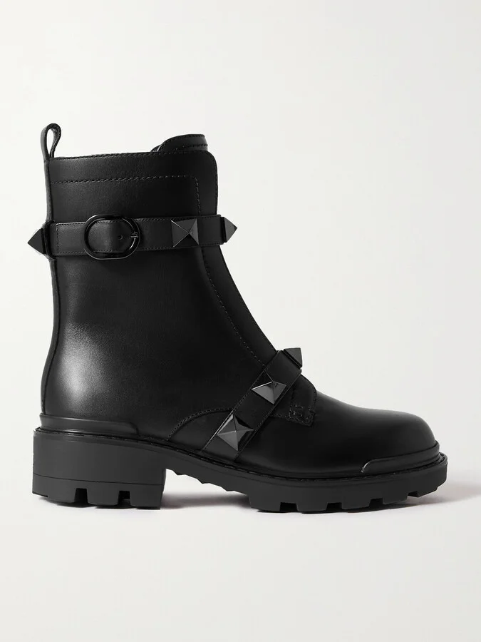 Valentino Garavani - Valentino Garavani Roman Stud Leather Ankle Boots - Black