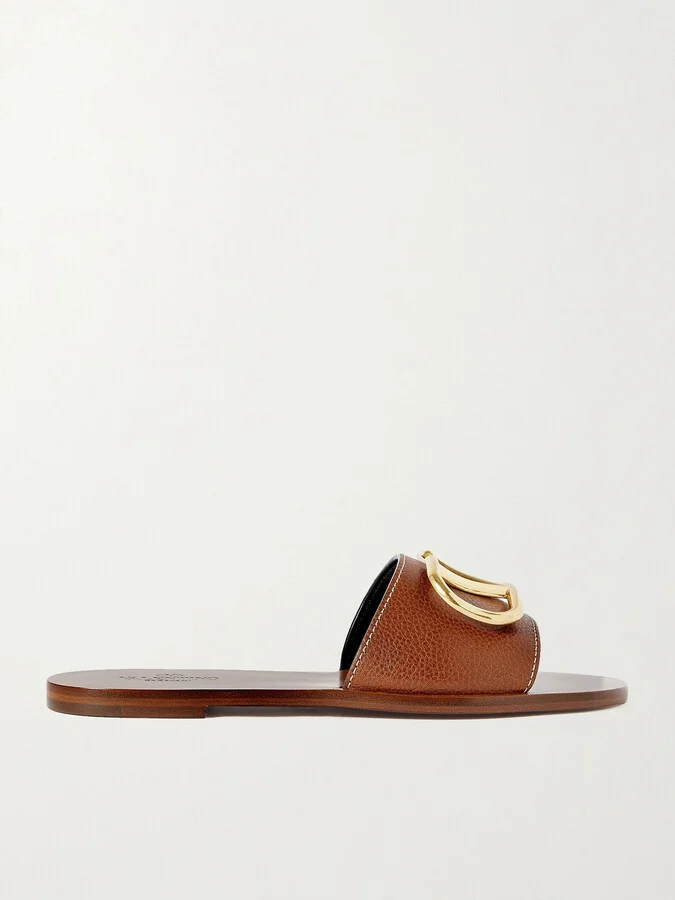 Valentino Garavani - Valentino Garavani Vlogo Textured-leather Slides - Brown - Image 5