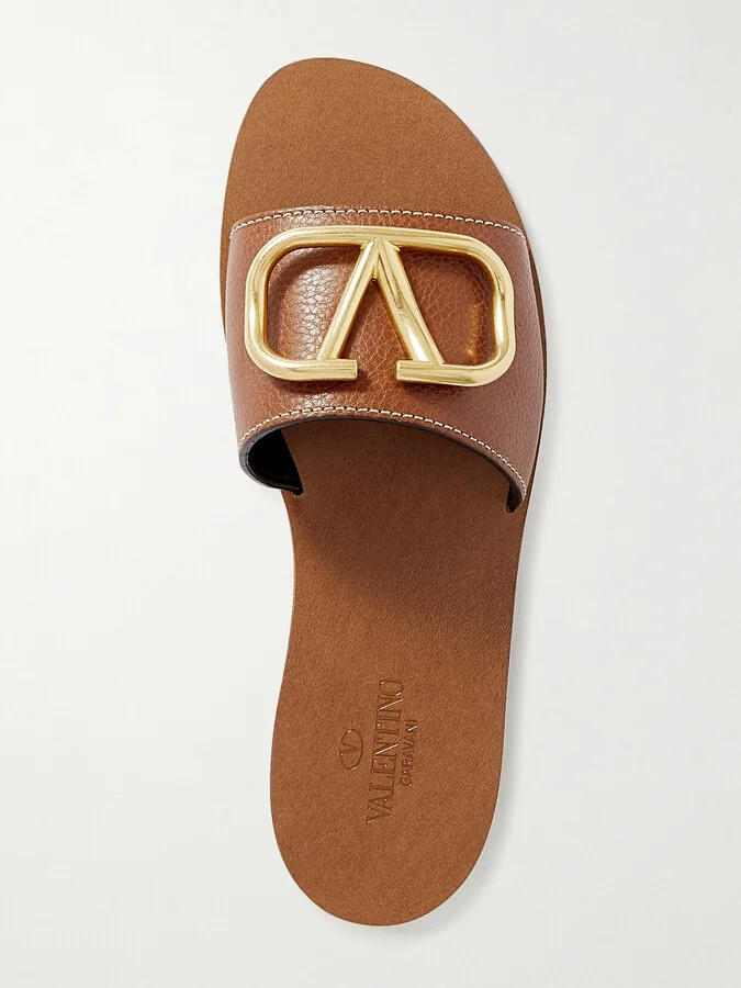 Valentino Garavani - Valentino Garavani Vlogo Textured-leather Slides - Brown