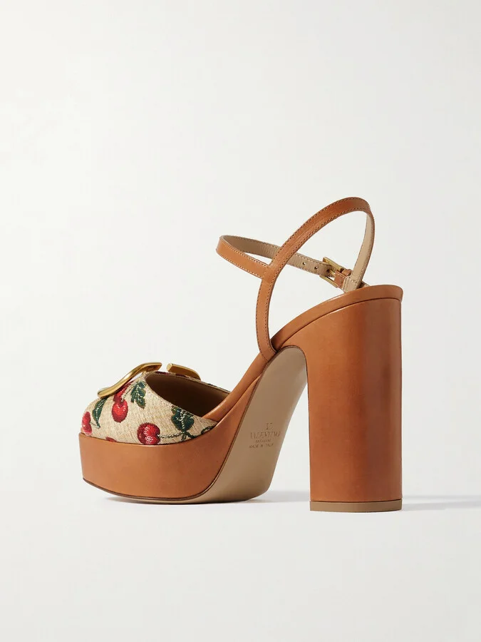 Valentino Garavani - Vlogo 115 Embellished Leather And Canvas-jacquard Sandals - Brown - Image 3