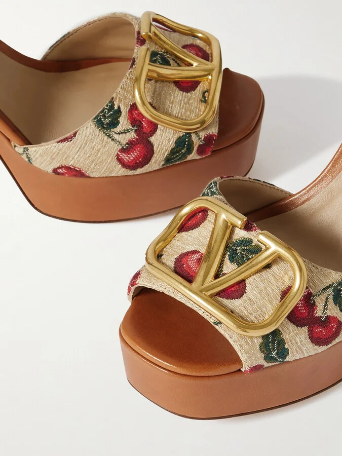 Valentino Garavani - Vlogo 115 Embellished Leather And Canvas-jacquard Sandals - Brown - Image 4