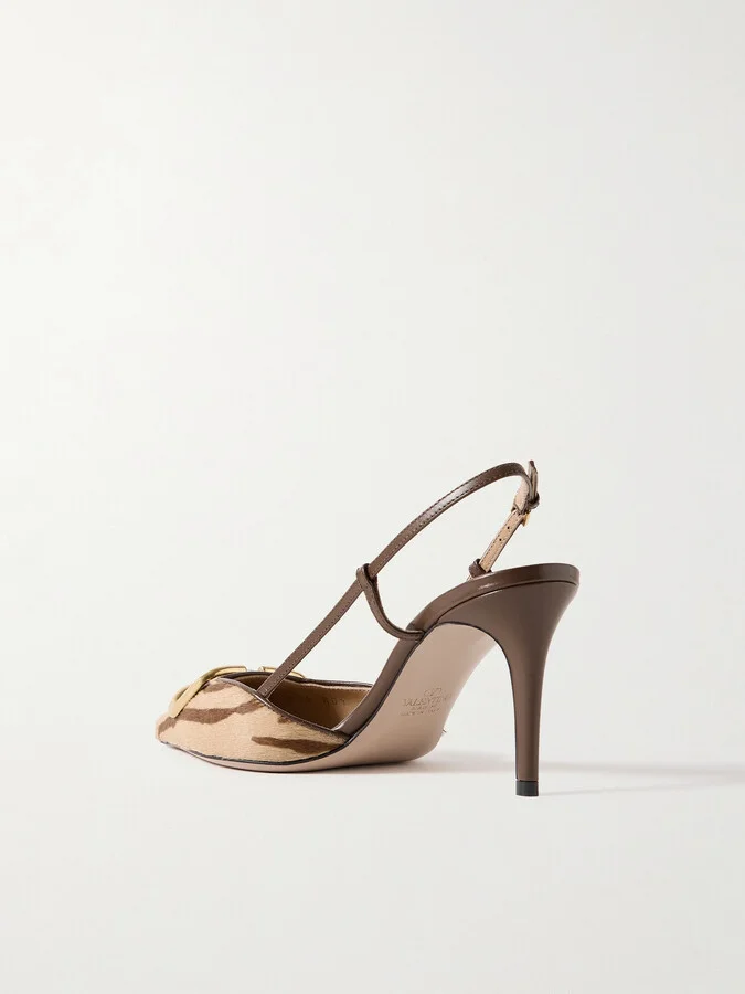 Valentino Garavani - Vlogo 80 Embellished Leather-trimmed Printed Calf Hair Slingback Pumps - Brown - Image 3
