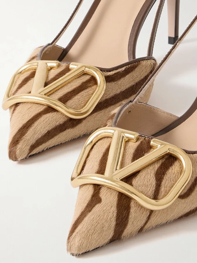 Valentino Garavani - Vlogo 80 Embellished Leather-trimmed Printed Calf Hair Slingback Pumps - Brown - Image 4