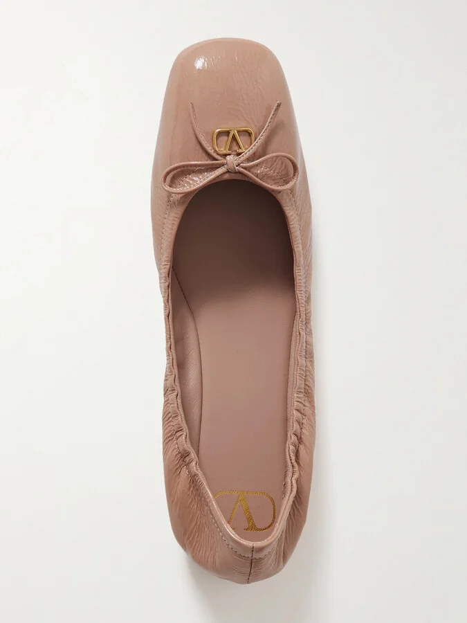 Valentino Garavani - Vlogo Bow-embellished Crinkled Patent-leather Ballet Flats - Neutrals - Image 5