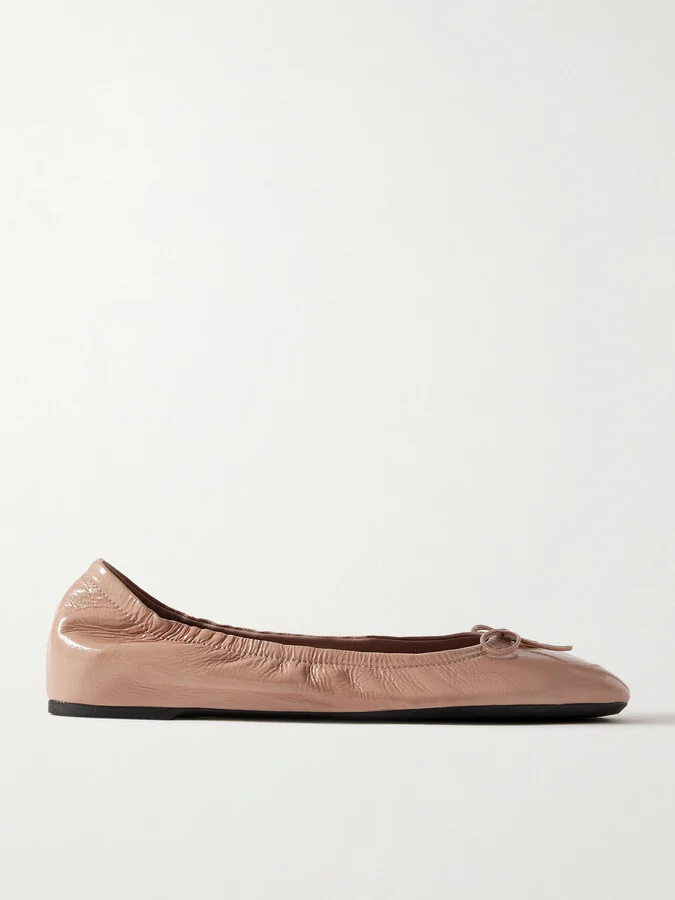 Valentino Garavani - Vlogo Bow-embellished Crinkled Patent-leather Ballet Flats - Neutrals