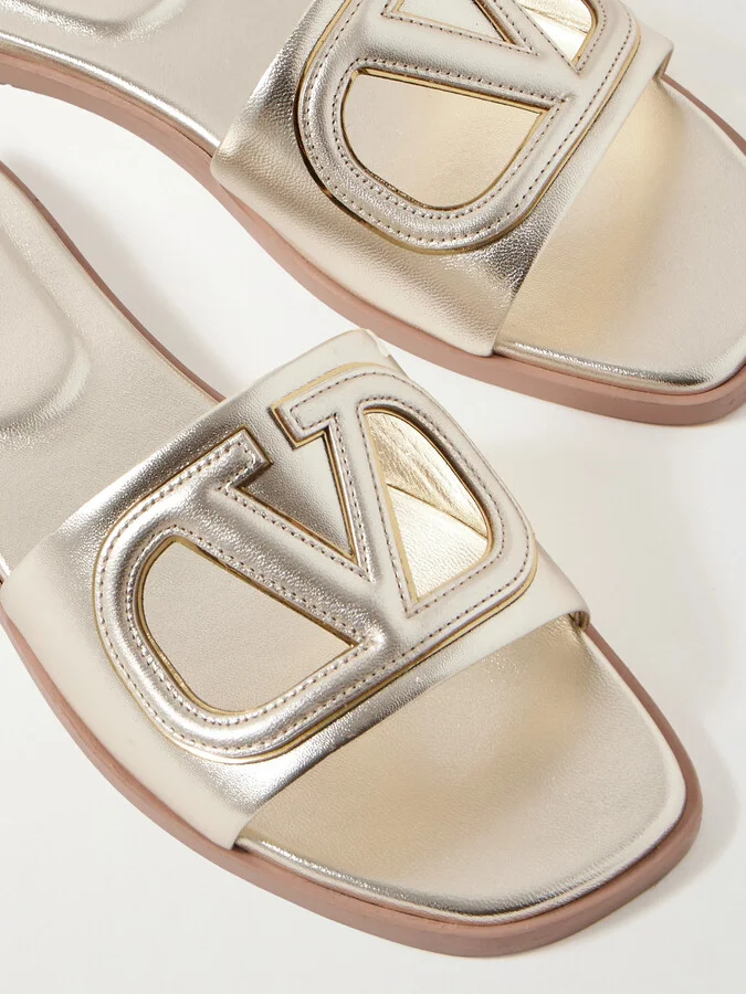 Valentino Garavani - Vlogo Cutout Metallic Leather Slides - Gold - Image 4