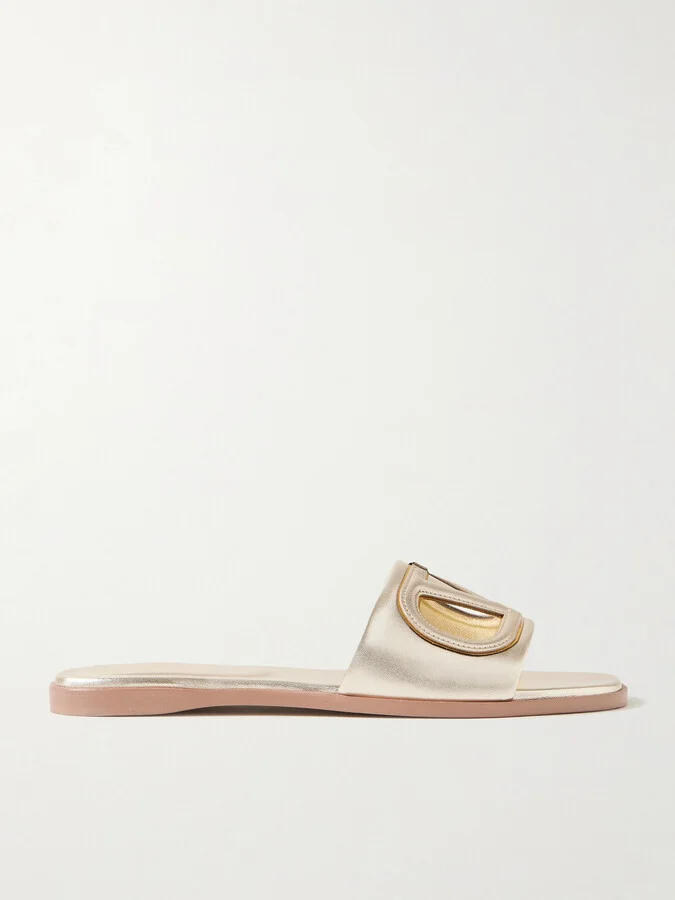 Valentino Garavani - Vlogo Cutout Metallic Leather Slides - Gold - Image 5