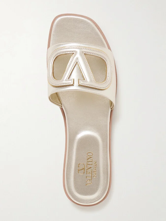 Valentino Garavani - Vlogo Cutout Metallic Leather Slides - Gold