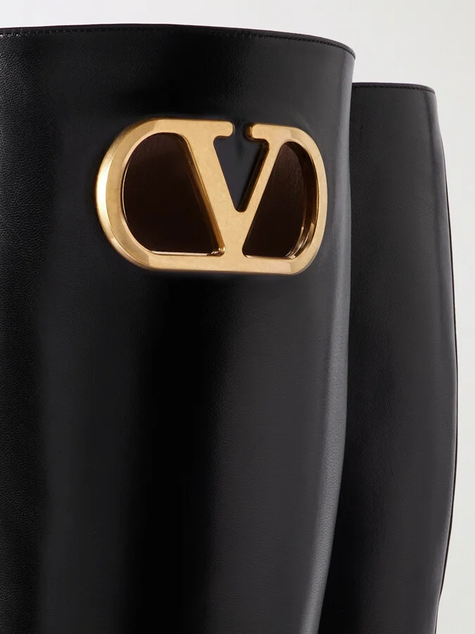 Valentino Garavani - Vlogo Embellished Leather Knee Boots - Black - Image 4