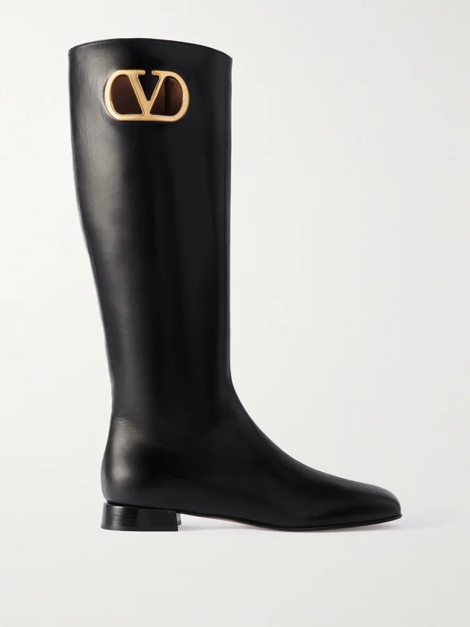 Valentino Garavani - Vlogo Embellished Leather Knee Boots - Black