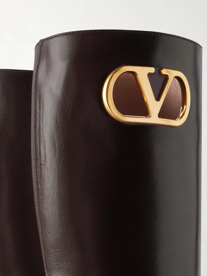 Valentino Garavani - Vlogo Embellished Leather Knee Boots - Brown - Image 4
