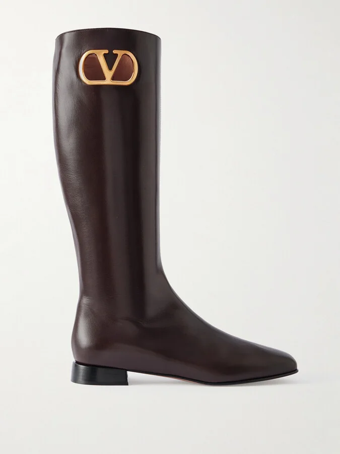 Valentino Garavani - Vlogo Embellished Leather Knee Boots - Brown