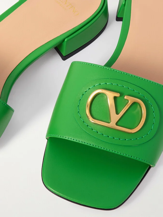 Valentino Garavani - Vlogo Embellished Leather Slides - Green - Image 4