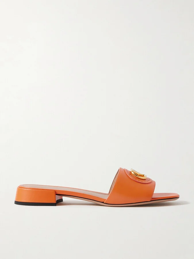 Valentino Garavani - Vlogo Embellished Leather Slides - Orange