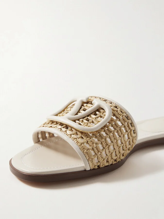 Valentino Garavani - Vlogo Embellished Leather-trimmed Raffia Slides - Neutrals - Image 4