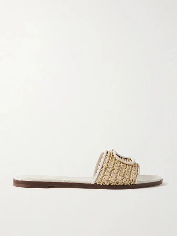 Valentino Garavani - Vlogo Embellished Leather-trimmed Raffia Slides - Neutrals - Image 5
