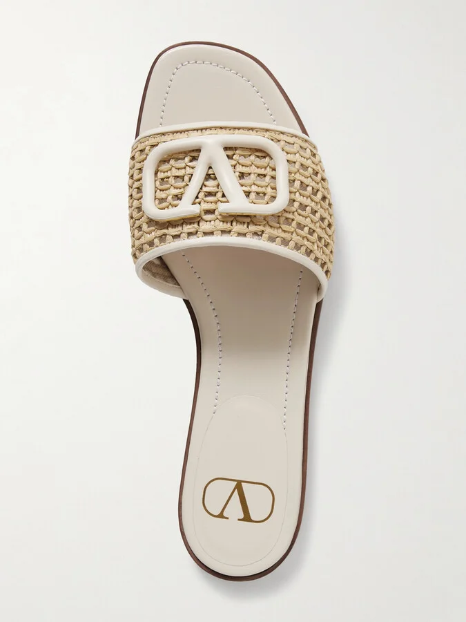 Valentino Garavani - Vlogo Embellished Leather-trimmed Raffia Slides - Neutrals
