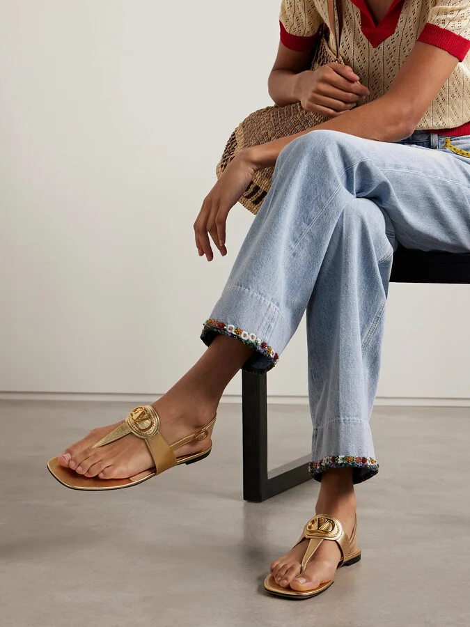Valentino Garavani - Vlogo Embellished Metallic Leather Sandals - Gold - Image 2