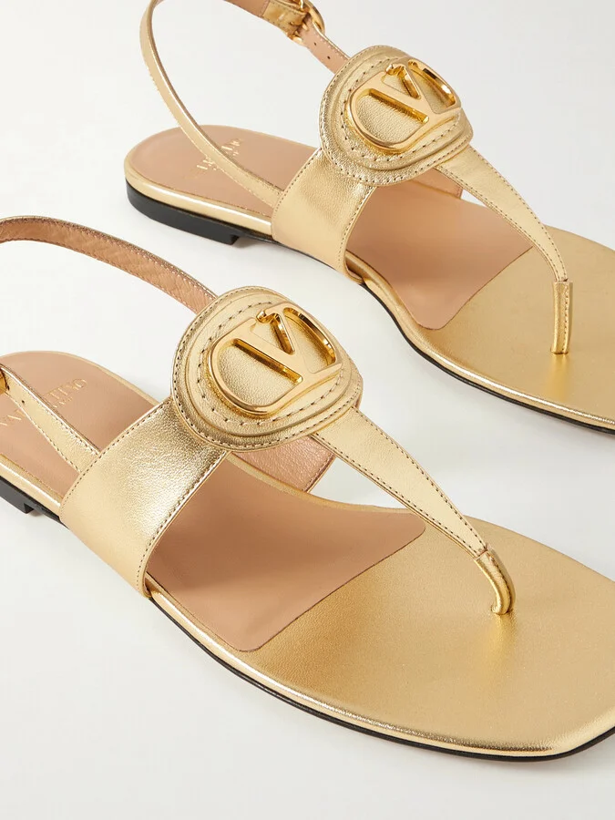Valentino Garavani - Vlogo Embellished Metallic Leather Sandals - Gold - Image 4