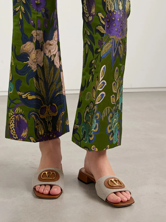 Valentino Garavani - Vlogo Embellished Textured-leather And Canvas Slides - Neutrals - Image 2