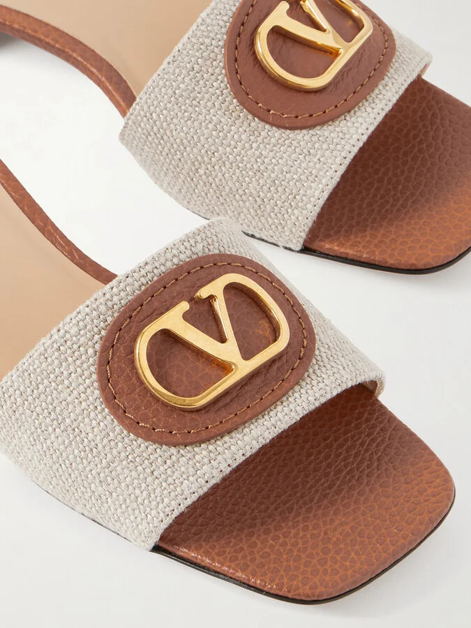 Valentino Garavani - Vlogo Embellished Textured-leather And Canvas Slides - Neutrals - Image 4