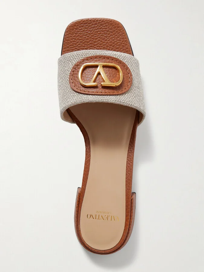 Valentino Garavani - Vlogo Embellished Textured-leather And Canvas Slides - Neutrals - Image 5