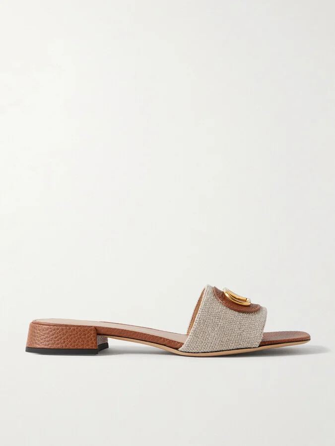 Valentino Garavani - Vlogo Embellished Textured-leather And Canvas Slides - Neutrals