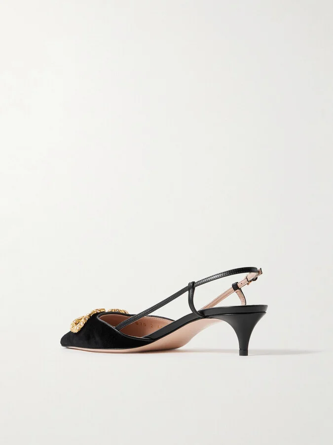 Valentino Garavani - Vlogo Embellished Velvet Slingback Pumps - Black - Image 3