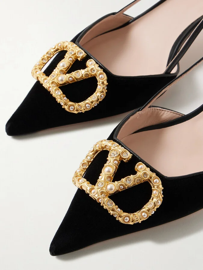 Valentino Garavani - Vlogo Embellished Velvet Slingback Pumps - Black - Image 4