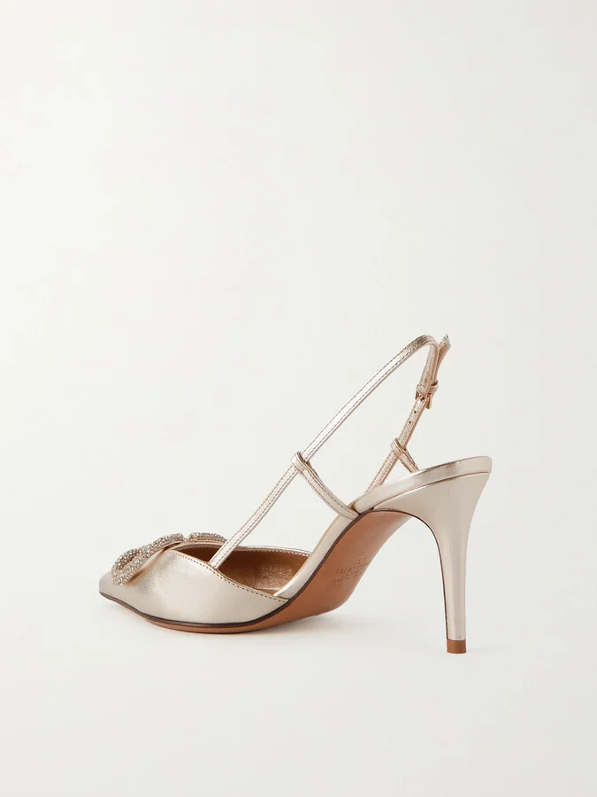 Valentino Garavani - Vlogo Glow 80 Swarovski Crystal-embellished Metallic Leather Slingback Pumps - Silver - Image 3